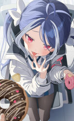 Rule 34 | 1girl, black pantyhose, blue archive, blue hair, blurry, blurry foreground, blush, close-up, commentary, doughnut, fang, food, food on face, from above, fubuki (blue archive), hair ribbon, highres, jacket, licking, licking finger, multicolored hair, on chair, pantyhose, pov, red eyes, ribbon, sitting, skirt, slit pupils, solo, streaked hair, swept bangs, symbol-only commentary, thigh gap, tongue, tongue out, tsukana (saba mizore), twintails, white hair, white jacket, white ribbon