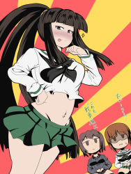 Rule 34 | 10s, 3girls, :p, alternate hairstyle, black skirt, blouse, blunt bangs, blush, brown eyes, brown hair, crop top, dress shirt, girls und panzer, green skirt, grey shirt, hand on own hip, jitome, kani club, long hair, long sleeves, looking at another, looking at viewer, macedonian flag, mature female, microskirt, midriff, miniskirt, mother and daughter, multicolored background, multiple girls, navel, neckerchief, nishizumi maho, nishizumi miho, nishizumi shiho, ooarai school uniform, pleated skirt, ponytail, rising sun flag, school uniform, serafuku, shaded face, shirt, short hair, siblings, sisters, sitting, skirt, sparkle, standing, sunburst, sweatdrop, tongue, tongue out, translated, uniform, very long hair, white shirt