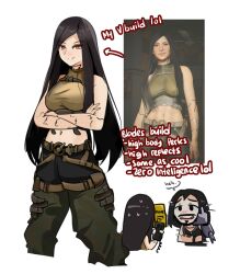 Rule 34 | 1boy, 1girl, animification, arrow (symbol), beard, belt, black hair, black shirt, blush, breasts, brown belt, brown eyes, brown shirt, commentary, crop top, cropped shirt, crossed arms, cyberpunk (series), cyberpunk 2077, english commentary, english text, facial hair, highres, holding, holding phone, holeecrab, jewelry, johnny silverhand, laughing, long hair, looking at viewer, medium breasts, midriff, mustache, necklace, nervous sweating, parted lips, payphone, phone, reference inset, shaka sign, shirt, sleeveless, sleeveless shirt, smile, soul patch, speech bubble, sweat, teasing, thigh belt, thigh strap, v (cyberpunk), very long hair, white background