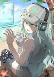 Rule 34 | 1girl, antonina (neural cloud), aqua hair, baseball cap, beach, black shorts, black thighhighs, bottle, creature, from behind, girls&#039; frontline, girls&#039; frontline neural cloud, hat, headphones, highres, holographic interface, looking at viewer, looking back, open mouth, outdoors, palm tree, shirt, shorts, sitting, skull print, sleeveless, sleeveless shirt, solo, starfish, sweat, thighhighs, tree, water bottle, white headwear, whoseit, yellow eyes