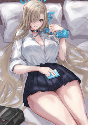 Rule 34 | 1girl, aqua bow, aqua eyes, asuna (blue archive), bag, bed, black choker, black skirt, blonde hair, blue archive, bow, breasts, cellphone, choker, cleavage, collared shirt, feet out of frame, frilled skirt, frills, hair ornament, hair over one eye, hair over shoulder, hair ribbon, halo, hand up, handbag, highres, large breasts, legs, long hair, lying, mole, mole on breast, on back, open clothes, open mouth, open shirt, parted lips, phone, pillow, ribbon, sakazuki sudama, shirt, short sleeves, sidelocks, skirt, solo, taut clothes, taut shirt, thick thighs, thighs, very long hair, white shirt, wide hips