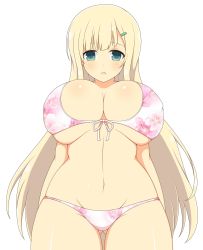 Rule 34 | 1girl, aqua eyes, bikini, blonde hair, breasts, cleavage, commentary request, covered erect nipples, floral print, hair ornament, hairclip, highres, ichiryuu tsumiki, large breasts, long hair, looking at viewer, navel, open mouth, pink bikini, senran kagura, simple background, sitting, solo, swimsuit, very long hair, white background, yomi (senran kagura)