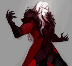 Rule 34 | 1boy, alternate costume, black gloves, coat, devilatelier, fangs, gloves, grey background, grey hair, highres, league of legends, long hair, male focus, open clothes, open coat, pants, red coat, red eyes, red pants, simple background, solo, teeth, v-shaped eyebrows, vampire, vladimir (league of legends)