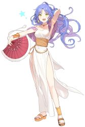 Rule 34 | 1girl, :d, arm behind head, arm up, bare shoulders, blue hair, breasts, brown footwear, cleavage, commentary request, dress, earrings, floating hair, folding fan, full body, fur trim, green eyes, hand fan, hand in own hair, highres, holding, holding fan, jewelry, koyoi mitsuki, long hair, looking at viewer, medium breasts, multicolored hair, open mouth, parted bangs, pelvic curtain, purple hair, puyopuyo, rulue (puyopuyo), sandals, simple background, smile, solo, star (symbol), strapless, strapless dress, two-tone hair, very long hair, white background, white dress