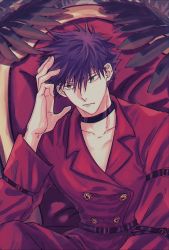Rule 34 | 1boy, arm belt, belt, black choker, black hair, buttons, choker, closed mouth, collarbone, commentary request, fushiguro megumi, fushirun rung, green eyes, hair between eyes, hand up, highres, indoors, jacket, jujutsu kaisen, korean commentary, long sleeves, looking to the side, male focus, palm tree, pants, red jacket, red pants, short hair, sitting, solo, spiked hair, throne, tree