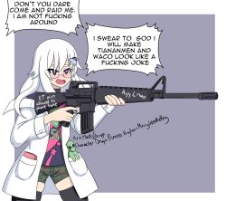 Rule 34 | 1girl, area 51-chan, artist name, assault rifle, black thighhighs, blush, camouflage, camouflage shorts, collar, commentary, english commentary, english text, fang, gun, hair between eyes, highres, holding, holding gun, holding weapon, lab coat, long hair, m16, m16a1, mantisshrimpp, meme, open mouth, original, personification, profanity, purple eyes, rifle, shirt, short shorts, shorts, simple background, solo, t-shirt, tagme, thighhighs, trigger discipline, weapon, white hair, zettai ryouiki