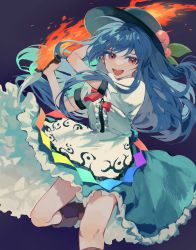 Rule 34 | 1girl, :d, black hat, blouse, blue hair, blue skirt, bow, fire, flaming sword, flaming weapon, food, frills, fruit, hat, highres, hinanawi tenshi, leaf, long hair, looking at viewer, neck ribbon, open mouth, peach, petticoat, puffy short sleeves, puffy sleeves, rainbow order, red bow, red eyes, ribbon, shirt, short sleeves, skirt, smile, solo, sword of hisou, touhou, white shirt, yanfei u
