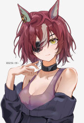 Rule 34 | 1girl, absurdres, animal ears, artist name, bare shoulders, black jacket, breasts, brown hair, choker, cleavage, closed mouth, dated, ear ornament, eyepatch, hand up, highres, horse ears, horse girl, jacket, looking at viewer, multicolored hair, off shoulder, purple shirt, sei (bigaa), shirt, short hair, small breasts, smile, solo, streaked hair, tanino gimlet (umamusume), tank top, umamusume, upper body, yellow eyes
