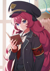 Rule 34 | 1girl, absurdres, armband, backlighting, black coat, blue archive, blurry, book, bookshelf, coat, collared shirt, commentary request, depth of field, hair between eyes, halo, hat, highres, holding, holding book, indoors, iroha (blue archive), long hair, long sleeves, looking away, necktie, peaked cap, purple eyes, reading, red hair, rindou ringdong, school uniform, shirt, sidelocks, solo, sunlight, wavy hair, window