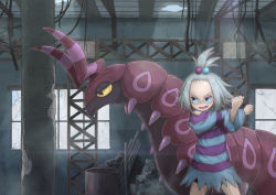 Rule 34 | 1girl, bike shorts, blue eyes, commentary request, creatures (company), dress, forehead, freckles, game freak, gen 5 pokemon, hair bobbles, hair ornament, highres, indoors, kotobukkii (yt lvlv), looking to the side, nintendo, open mouth, pokemon, pokemon (creature), pokemon bw2, roxie (pokemon), scolipede, short dress, smile, spiked hair, stretching, striped clothes, striped dress, tongue, topknot, two-tone dress, white hair