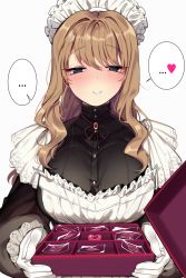 Rule 34 | ..., 1girl, absurdres, apron, black dress, blue eyes, blush, breasts, brown hair, closed mouth, condom, condom wrapper, dress, gift, gloves, heart, highres, holding, holding gift, large breasts, long hair, long sleeves, looking at viewer, maid apron, maid headdress, mendou kusai, original, ribbon, simple background, smile, solo, speech bubble, spoken ellipsis, spoken heart, striped ribbon, upper body, valentine, white background, white gloves