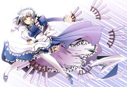 Rule 34 | 1girl, between fingers, braid, female focus, holding, holster, izayoi sakuya, knife, maid, maid headdress, red eyes, sakayaki (burning soul), short hair, silver hair, solo, thigh holster, thighhighs, throwing knife, too many, touhou, twin braids, weapon