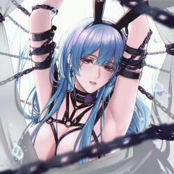 Rule 34 | 1girl, air bubble, angon623, animal ear hairband, animal ears, arm strap, arm up, armpits, bdsm, black hairband, blue hair, bondage, bound, breast bondage, breasts, bubble, center-flap bangs, chain, cleavage, collarbone, convenient censoring, curtains, detached collar, earrings, fake animal ears, hairband, hamel (path to nowhere), jewelry, large breasts, long hair, looking at viewer, low-tied long hair, parted lips, path to nowhere, purple eyes, rabbit ear hairband, rabbit ears, restrained, see-through curtains, solo, upper body