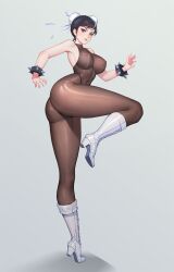 Rule 34 | 1girl, absurdres, ass, bare shoulders, black hair, blue eyes, blush, boots, bracelet, breasts, capcom, chun-li, commentary request, covered collarbone, covered erect nipples, dark night (darkotl), double bun, fighting stance, fingernails, full body, grey background, hair bun, high heel boots, high heels, highres, jewelry, knee boots, leg up, lips, loincloth, looking at viewer, medium breasts, panties, see-through, shadow, shiny clothes, simple background, skin tight, solo, spiked bracelet, spikes, street fighter, street fighter ii (series), underwear