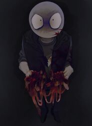 Rule 34 | bandages, blood, blood on clothes, blood on face, blood on hands, bloody bandages, blue shirt, dark background, highres, peter dunbar, shirt, your boyfriend, your boyfriend (game)