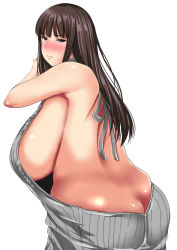 Rule 34 | 10s, 1girl, ass, backboob, bare back, blush, breasts, brown eyes, brown hair, butt crack, girls und panzer, grey sweater, huge breasts, long hair, looking at viewer, looking back, mature female, meme attire, naked sweater, nishizumi shiho, no bra, no panties, ozyasadayo, plump, sagging breasts, sideboob, simple background, solo, sweater, virgin killer sweater, white background