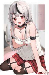 Rule 34 | 1girl, absurdres, arm under breasts, black choker, black hair, black thighhighs, braid, breasts, cardigan, choker, cleavage, fang, grey hair, hair ornament, hairclip, highres, hololive, kirishe1101, large breasts, long hair, looking at viewer, multicolored hair, open mouth, pleated skirt, red eyes, red skirt, sakamata chloe, single braid, skirt, streaked hair, thighhighs, torn clothes, torn thighhighs, virtual youtuber, white cardigan, white hair, x hair ornament