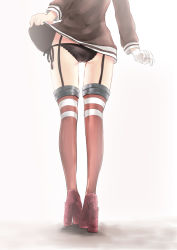 Rule 34 | 10s, 1girl, amatsukaze (kancolle), ass, black panties, clothes lift, dress, dress lift, from behind, garter straps, gloves, joko jmc, kantai collection, legs, long sleeves, lower body, panties, pantyshot, short dress, side-tie panties, single glove, skirt hold, solo, standing, striped clothes, striped thighhighs, thighhighs, underwear, waist down, white background, white gloves