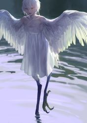 Rule 34 | 1girl, absurdres, bird legs, colored eyelashes, dress, feather hair, feather hair ornament, feathered wings, female focus, hair ornament, halterneck, harpy, highres, lips, monster girl, original, outdoors, partially submerged, see-through silhouette, short hair, solo, standing, standing on one leg, tunapon01, wading, water, white hair, winged arms, wings, yellow eyes