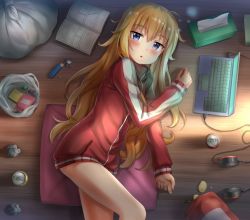 Rule 34 | 10s, 1girl, :o, bag, bag of chips, blonde hair, blue eyes, blush, can, candy, chips (food), computer, cushion, drink can, food, from above, gabriel dropout, gabriel tenma white, grocery bag, headphones, headphones removed, jacket, laptop, lighter, long hair, long sleeves, looking at viewer, lying, manga (object), messy hair, messy room, nedia (nedia region), no pants, on floor, on side, plastic bag, potato chips, shopping bag, sleepy, soda can, solo, tissue box, track jacket, used tissue, very long hair, wooden floor, wrapped candy