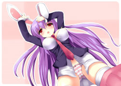 Rule 34 | 1girl, animal ears, bad id, bad pixiv id, blazer, breasts, cameltoe, female focus, from below, jacket, large breasts, long hair, necktie, panties, pleated skirt, purple hair, rabbit ears, red eyes, red necktie, reisen udongein inaba, shikano sumiaki, skirt, solo, striped clothes, striped panties, thighhighs, touhou, underwear
