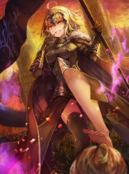 Rule 34 | 1girl, ahoge, armor, barefoot, black thighhighs, blonde hair, blurry, breasts, cape, dawito, depth of field, dutch angle, fate/grand order, fate (series), feet, flag, fur trim, gauntlets, grin, headpiece, highres, holding, holding flag, jeanne d&#039;arc (fate), jeanne d&#039;arc (ruler) (fate), jeanne d&#039;arc alter (avenger) (fate), jeanne d&#039;arc alter (fate), medium breasts, outdoors, parted lips, single thighhigh, smile, solo focus, standing, standing on one leg, thighhighs, yellow eyes
