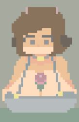 Rule 34 | 1boy, 1girl, animated, animated gif, neck bell, breasts, brown hair, cow girl, hetero, huge breasts, lowres, megadingus, orc, overalls, paizuri, paizuri under clothes, pixel art, uncensored