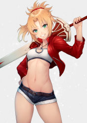 Rule 34 | 1girl, bandeau, belt, blonde hair, blush, braid, breasts, clarent (fate), cleavage, cutoffs, denim, denim shorts, fate/apocrypha, fate (series), french braid, green eyes, grin, hair between eyes, hair ornament, hair scrunchie, hip focus, jacket, kyoeiki, long hair, long sleeves, looking at viewer, medium breasts, micro shorts, mordred (fate), mordred (fate/apocrypha), mordred (memories at trifas) (fate), navel, open clothes, open jacket, over shoulder, parted bangs, ponytail, red jacket, red scrunchie, scrunchie, shorts, sidelocks, simple background, smile, solo, standing, sword, thighs, weapon, white background