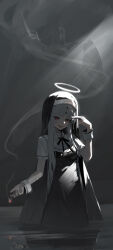 Rule 34 | 1girl, absurdres, bandaid, bandaid on face, black dress, black headwear, breasts, cigarette, commentary, dress, facial mark, finger gun, finger gun to head, forehead mark, habit, halo, hatsune miku, highres, holding, holding cigarette, jewelry, jiu ye sang, kamippoina (vocaloid), long hair, looking at viewer, piercing, red eyes, reflection, reflective water, ring, short hair, small breasts, smoke, solo, tongue, tongue out, tongue piercing, vocaloid, wading