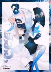 Rule 34 | 1girl, absurdres, alternate color, blue hair, collarbone, dress, ear piercing, elbow gloves, end (7 d w), eyeshadow, gloves, hair over one eye, hand fan, high heels, highres, jewelry, looking at viewer, makeup, mask, mouth mask, necklace, nintendo, octoling, octoling player character, official alternate costume, outside border, paper fan, piercing, pointy ears, red eyes, see-through, see-through mask, shiver (splatoon), solo, splatoon (series), splatoon 3, tentacle hair