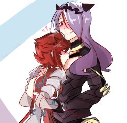 Rule 34 | !, !!, 2girls, between breasts, blush, breasts, camilla (fire emblem), cleavage, english text, fire emblem, fire emblem fates, hair over one eye, hinoka (fire emblem), hug, long hair, moekumo, multiple girls, nintendo, purple hair, red hair, short hair, simple background, striped, striped background
