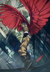 Rule 34 | 1boy, black gloves, blonde hair, boku no hero academia, boots, building, day, feathered wings, feathers, foreshortening, fur-trimmed jacket, fur trim, gloves, goggles, hands in pockets, hawks (boku no hero academia), highres, jacket, looking at viewer, male focus, mutumipketto, outdoors, pants, red feathers, red wings, short hair, signature, skyscraper, solo, spiked hair, wings, yellow eyes