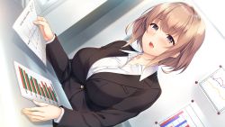 Rule 34 | 1girl, :o, akizuki mikoto, ayase hazuki, black suit, blush, breasts, brown eyes, brown hair, dutch angle, eyebrows hidden by hair, female focus, formal, game cg, highres, indoors, large breasts, light blush, looking at viewer, medium hair, office lady, original, paper, sitting, smile, solo, suit, table, upper body, yubisaki connection