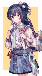 Rule 34 | 1girl, :o, backpack, bag, belt, blue hair, blunt bangs, bow, bowtie, bracelet, buttons, cowboy shot, crepe, finger to cheek, food, frilled skirt, frills, hair ornament, hairclip, highres, holding, holding food, idolmaster, idolmaster shiny colors, jacket, jewelry, charm (object), long sleeves, looking at viewer, medium hair, migolu, morino rinze, multicolored nails, nail polish, one side up, pin, plaid, plaid skirt, red eyes, shirt, shirt tucked in, simple background, skirt, sleeves pushed up, solo, striped bow, striped bowtie, striped clothes, striped neckwear, two-tone background, white background, white jacket, white shirt, yellow background