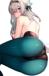 Rule 34 | 1girl, absurdres, alternate costume, aqua pantyhose, armpit crease, ass, ass focus, backless leotard, bare back, bare shoulders, black bow, black hairband, black leotard, blue eyes, blush, bow, breasts, fake tail, firefly (honkai: star rail), from behind, gendo0032, hair between eyes, hair bow, hair intakes, hair ornament, hairband, hashtag-only commentary, highres, honkai: star rail, honkai (series), knees out of frame, large breasts, leotard, long hair, looking at viewer, lying, on side, pantyhose, parted lips, playboy bunny, purple eyes, rabbit tail, sideboob, sidelocks, signature, simple background, solo, sweatdrop, tail, two-tone eyes, white background, white hair