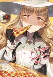 Rule 34 | 1girl, black gloves, blonde hair, blunt bangs, blush, cape, chewing, collared cape, commentary, commission, disembodied eye, dress, eating, eitri (fire emblem), english commentary, fire emblem, fire emblem heroes, food, gloves, hands up, hat, high collar, highres, holding, holding food, long hair, long sleeves, nintendo, oi!, pink eyes, pizza, pizza slice, second-party source, skeb commission, solo, sparkle, thank you, third eye, twitter username, upper body, white cape, white dress, white hat, witch hat