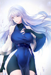 Rule 34 | 1girl, black gloves, blue dress, breasts, capelet, covered navel, dress, elbow gloves, fingerless gloves, fingernails, gloves, grey eyes, hair between eyes, hand on own chest, highres, ice, large breasts, limeblock, long hair, long sleeves, looking at viewer, open mouth, original, parted lips, pelvic curtain, sash, sharp fingernails, silver hair, snowflake print, solo, thighs, very long hair, white capelet