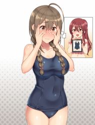 Rule 34 | 2girls, :d, ahoge, bare arms, bare shoulders, blue one-piece swimsuit, blush, bow, braid, breasts, brown eyes, brown hair, collarbone, competition school swimsuit, covered navel, covering face, cowboy shot, fingernails, frown, full-face blush, gradient background, grey background, hair between eyes, halftone, halftone background, hands up, highres, hiiragi hazime, holding, idolmaster, idolmaster shiny colors, kuwayama chiyuki, large breasts, long hair, multiple girls, nail polish, navel, one-piece swimsuit, open mouth, osaki tenka, photo (object), pink bow, pink nails, ponytail, purple hair, school swimsuit, sidelocks, smile, sweat, swimsuit, twin braids, v-shaped eyebrows, wavy mouth