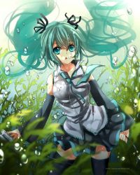 Rule 34 | 1girl, aqua eyes, aqua hair, bubble, detached sleeves, floating hair, hachiimi, hair ribbon, hatsune miku, highres, long hair, looking at viewer, microphone, necktie, ribbon, skirt, solo, submerged, thighhighs, twintails, underwater, vocaloid