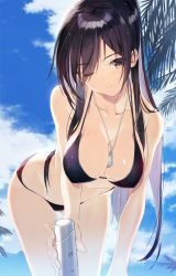 Rule 34 | 1girl, backlighting, bikini, black bikini, black hair, blue sky, bottle, breasts, brown eyes, cleavage, closed mouth, cloud, collarbone, cowboy shot, day, dog tags, earrings, eyes visible through hair, hair over one eye, highres, holding, holding bottle, idolmaster, idolmaster shiny colors, jewelry, large breasts, leaning forward, long hair, looking at viewer, lotion, nakamura takeshi, necklace, one eye closed, outdoors, palm leaf, palm tree, ponytail, shirase sakuya, sky, smile, solo, stud earrings, sunscreen, swimsuit, thighs, tree, wet