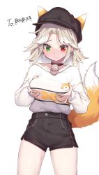 Rule 34 | 1girl, animal ears, black choker, black hat, black shorts, breast hold, breasts, choker, chukibabo2, closed mouth, commentary, commission, cowboy shot, fox ears, fox girl, fox tail, green eyes, hands on own chest, hat, heterochromia, high-waist shorts, highres, korean commentary, long hair, long sleeves, medium breasts, original, parted bangs, puffy long sleeves, puffy sleeves, red eyes, shirt, shirt tucked in, short shorts, shorts, simple background, solo, standing, tail, tail raised, white background, white hair, white shirt