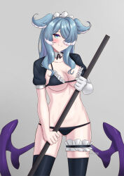 Rule 34 | 1girl, absurdres, animal ears, azurecruiser, bikini, blue eyes, blue hair, blush, breasts, cameltoe, choker, cleavage, dragon girl, dragon wings, elbow gloves, elira pendora, gloves, hair over one eye, head wings, highres, large breasts, low wings, maid, maid bikini, maid headdress, multicolored hair, nijisanji, nijisanji en, one eye covered, ribbon choker, single glove, streaked hair, swimsuit, thigh strap, unconventional maid, virtual youtuber, white gloves, white hair, wings