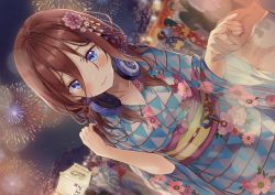 Rule 34 | 1girl, blue eyes, blush, breasts, brown hair, cleavage, closed mouth, commentary request, dutch angle, festival, fireworks, flower, go-toubun no hanayome, hair between eyes, hair flower, hair ornament, headphones, headphones around neck, holding hands, japanese clothes, kimono, korean commentary, large breasts, long hair, market stall, nail polish, nakano miku, night, night sky, obi, pink nails, sash, saya (mychristian2), sky, solo focus, yukata