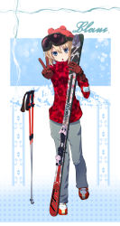 Rule 34 | 10s, 1girl, bad id, bad pixiv id, blanc (neptunia), blue eyes, brown hair, gloves, hat, highres, jacket, looking at viewer, neptune (series), open mouth, short hair, skis, snow, solo, tsukamoto rinichirou, v