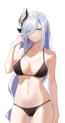 Rule 34 | 1girl, absurdres, arm at side, bikini, black bikini, breasts, closed mouth, collarbone, cowboy shot, earrings, eyes visible through hair, genshin impact, gluteal fold, hair ornament, hair over one eye, hand up, highres, jewelry, large breasts, long hair, looking at viewer, low-tied long hair, navel, shenhe (genshin impact), simple background, single earring, solo, stomach, sukaliya, swimsuit, tassel, tassel earrings, very long hair, white background, white hair