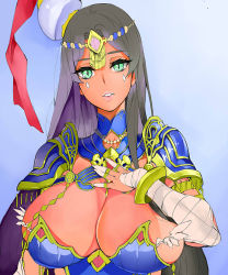 Rule 34 | 1girl, arm wrap, armor, azukiko, black hair, blue armor, blue background, bracelet, breastplate, breasts, chain, circlet, cleavage, dark-skinned female, dark skin, detached collar, eyelashes, facial mark, fate/grand order, fate (series), green eyes, hand on own chest, hat, huge breasts, jewelry, long hair, necklace, parted bangs, parted lips, pauldrons, pearl necklace, ring, scheherazade (fate), shoulder armor, slit pupils, solo