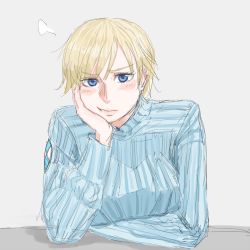 Rule 34 | 10s, 1girl, blonde hair, blue eyes, blush, brave witches, facing viewer, frown, hand on own face, leaning, lips, looking at viewer, nigatsu (fevrali), nikka edvardine katajainen, pink background, ribbed sweater, short hair, simple background, sitting, solo, strike witches, sweater, world witches series