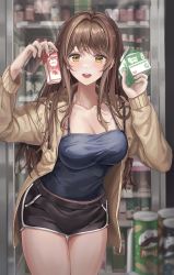 Rule 34 | 1girl, absurdres, black camisole, black shorts, blush, breasts, brown cardigan, brown hair, camisole, cardigan, censored, cleavage, collarbone, convenience store, dolphin shorts, ear piercing, earrings, feet out of frame, highres, holding, holding carton, holding phone, illust sucong, jewelry, looking at viewer, medium breasts, milk carton, mosaic censoring, nail polish, original, phone, piercing, pringles, refrigerator, shop, short shorts, shorts, smile, thigh gap, yellow eyes