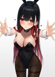 Rule 34 | 1girl, absurdres, amane sora, bare shoulders, black choker, black hair, black hairband, black leotard, black pantyhose, breasts, choker, cleavage, closed mouth, collarbone, colored inner hair, covered navel, cowboy shot, ear piercing, earrings, hair ornament, hairband, heart, heart-shaped pupils, highleg, highleg leotard, highres, jewelry, large breasts, leotard, long hair, mole, mole on breast, multicolored hair, original, outstretched arms, pantyhose, piercing, playboy bunny, red eyes, red hair, simple background, solo, symbol-shaped pupils, thighband pantyhose, thighs, two-tone hair, white background, wrist cuffs