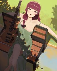 1girl :d absurdres bare_shoulders bass_guitar bench blunt_bangs blush bocchi_the_rock! braid crossed_legs dress fang green_dress highres hiroi_kikuri instrument long_hair looking_at_viewer open_mouth outdoors purple_eyes purple_hair sitting smile solo strap_slip takoyoomi